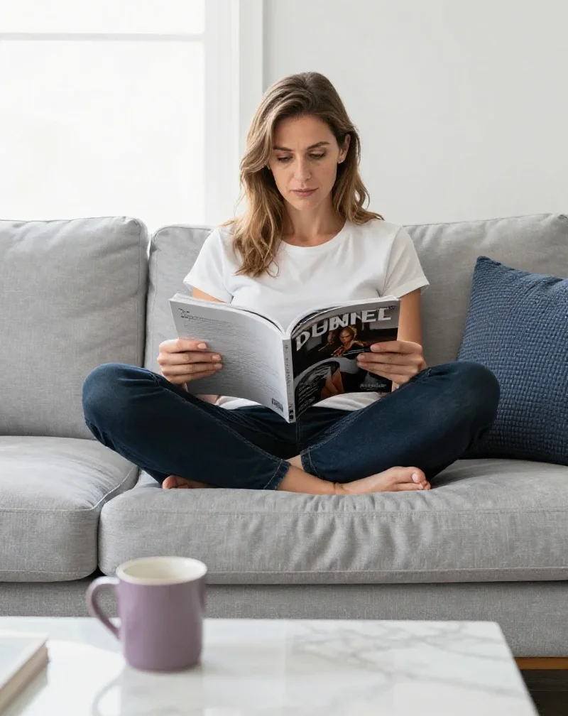 Mujer española relajada leyendo una revista, representando un estilo de vida equilibrado y elegante.